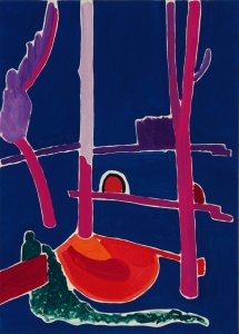 Blauer Innenhof mit Bäumen und Figur